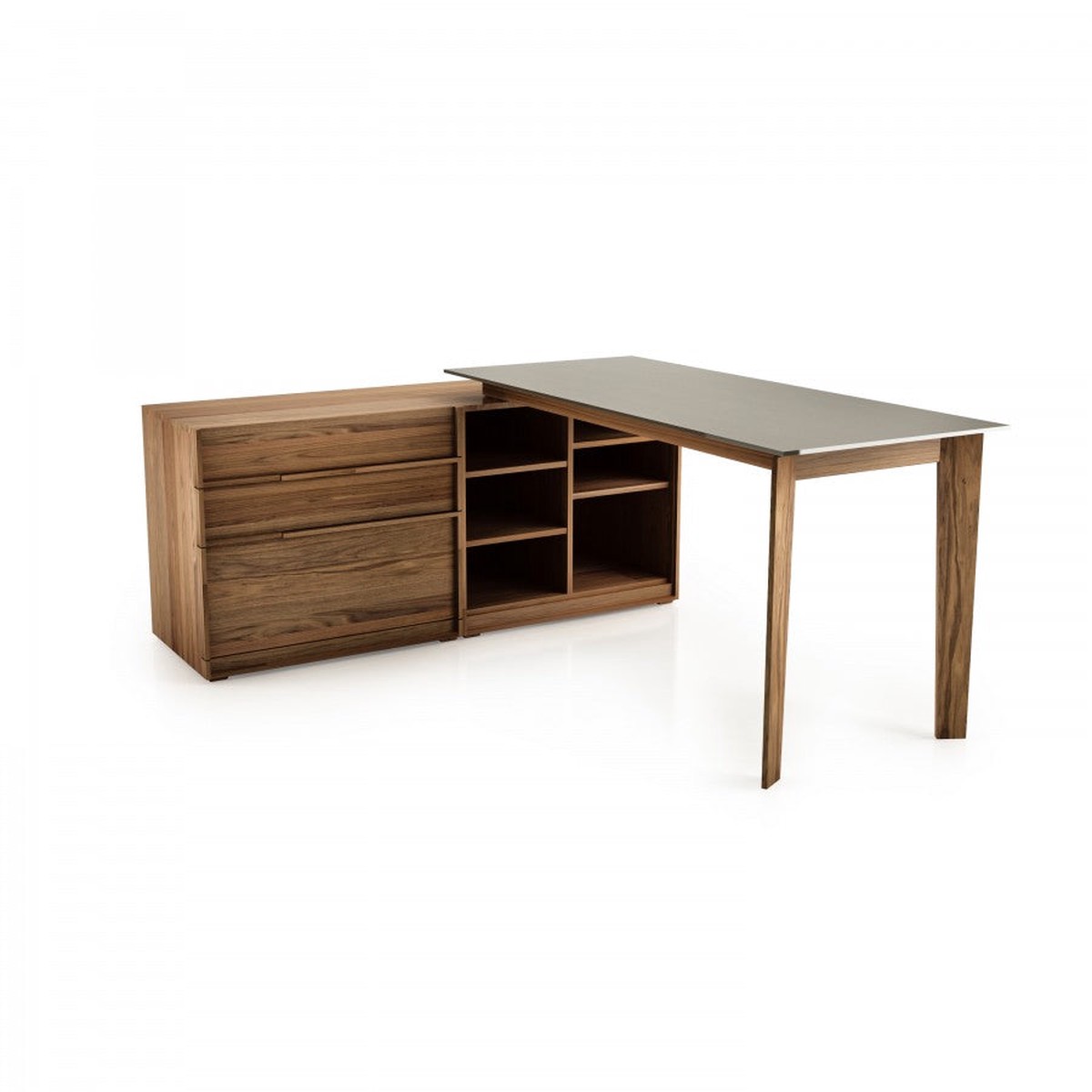 Swan Modular Desk in Light Natural Walnut with Lacquered Fog Glass Top (CI)