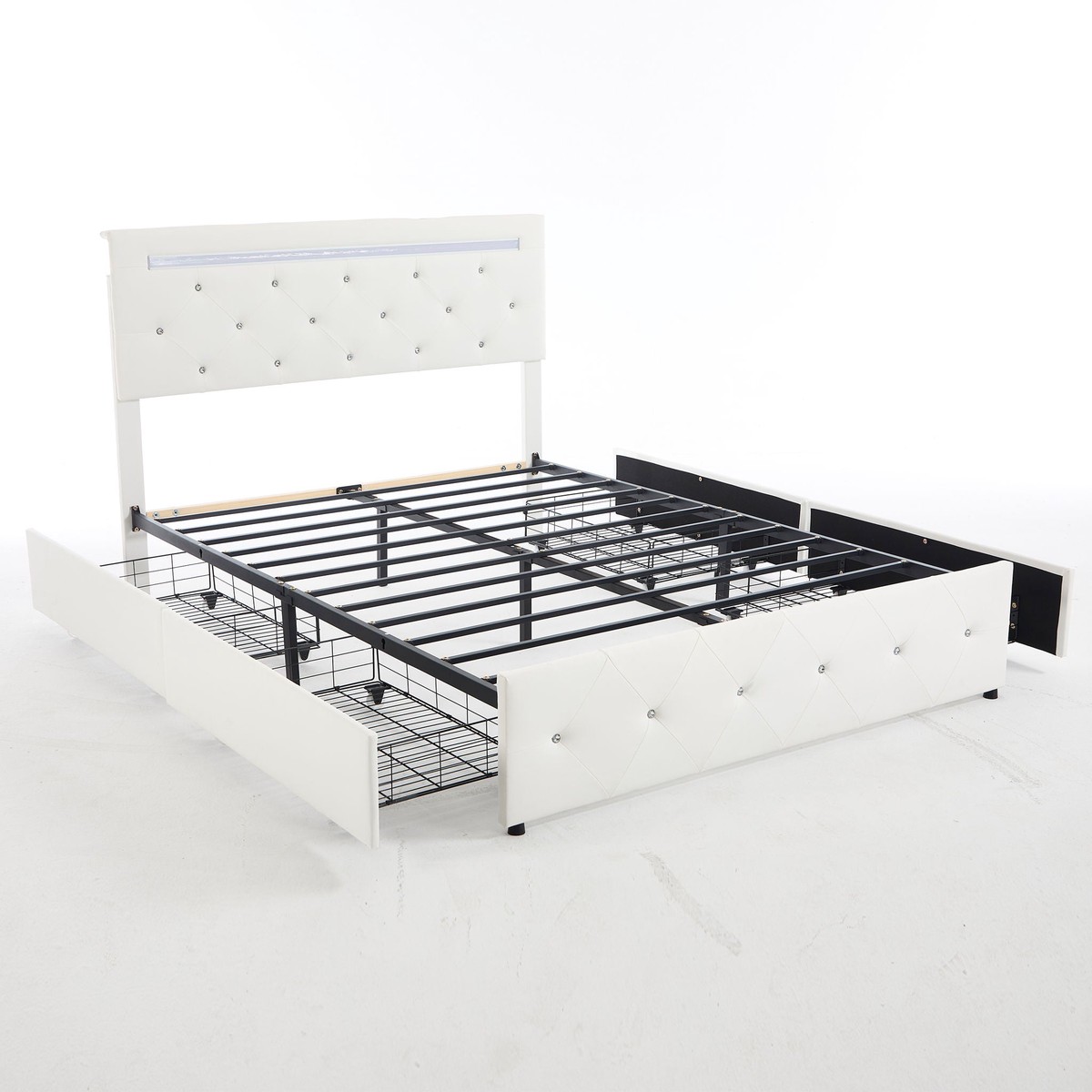 Upholstered Bed Frame With LED Lights, 4 Storage Drawers, Charging Station