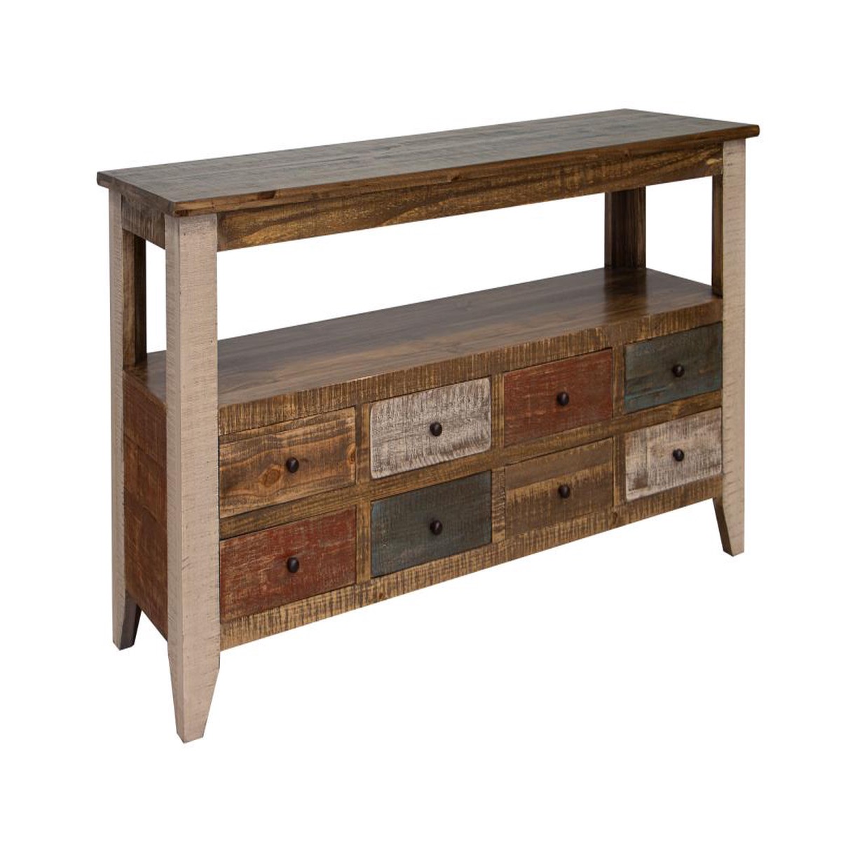 8 Drawer Sofa Table | Rustic Antique Multicolor Solid Pine